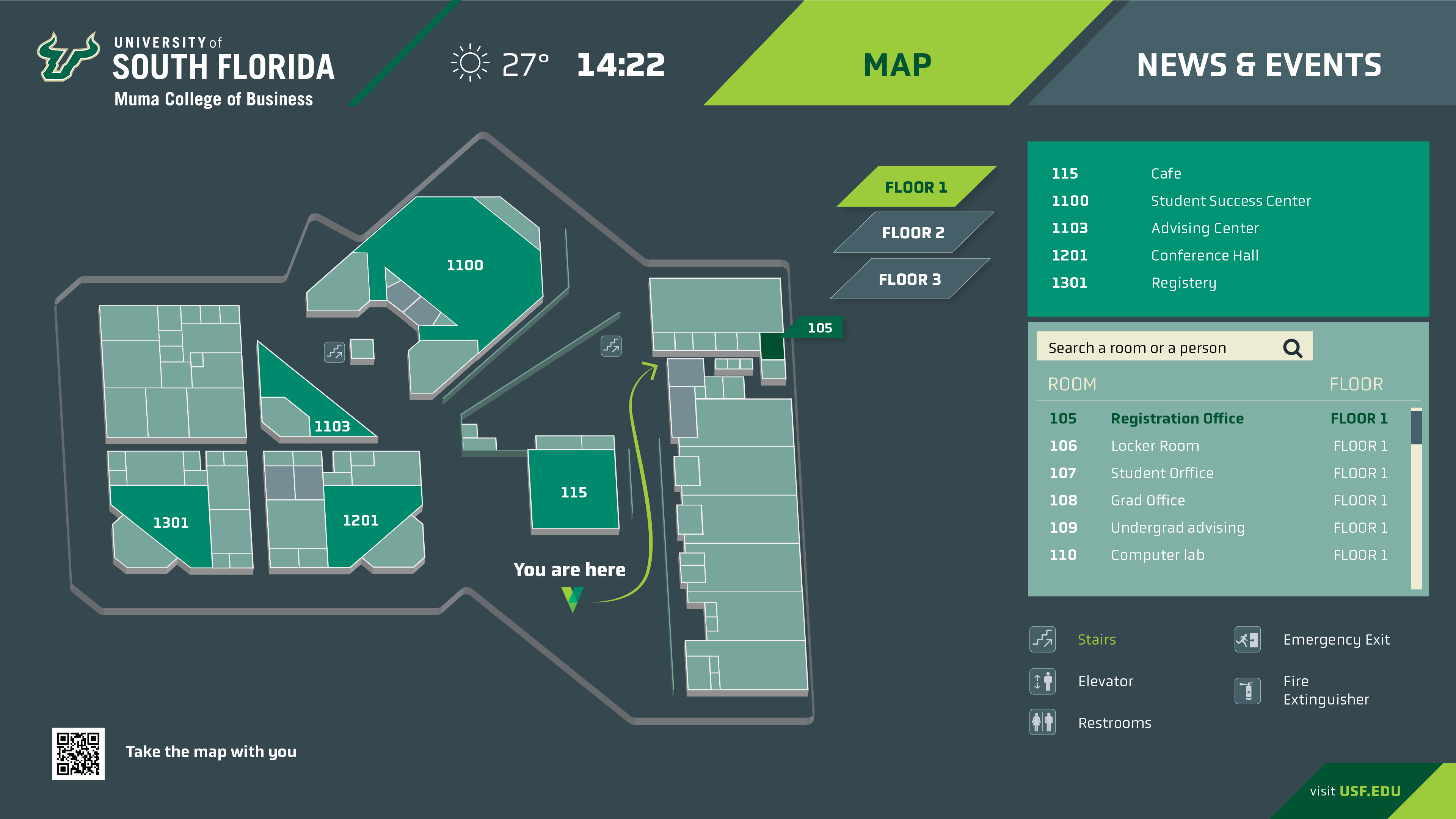 University of South Florida kiosk design with interactive floor map with menus